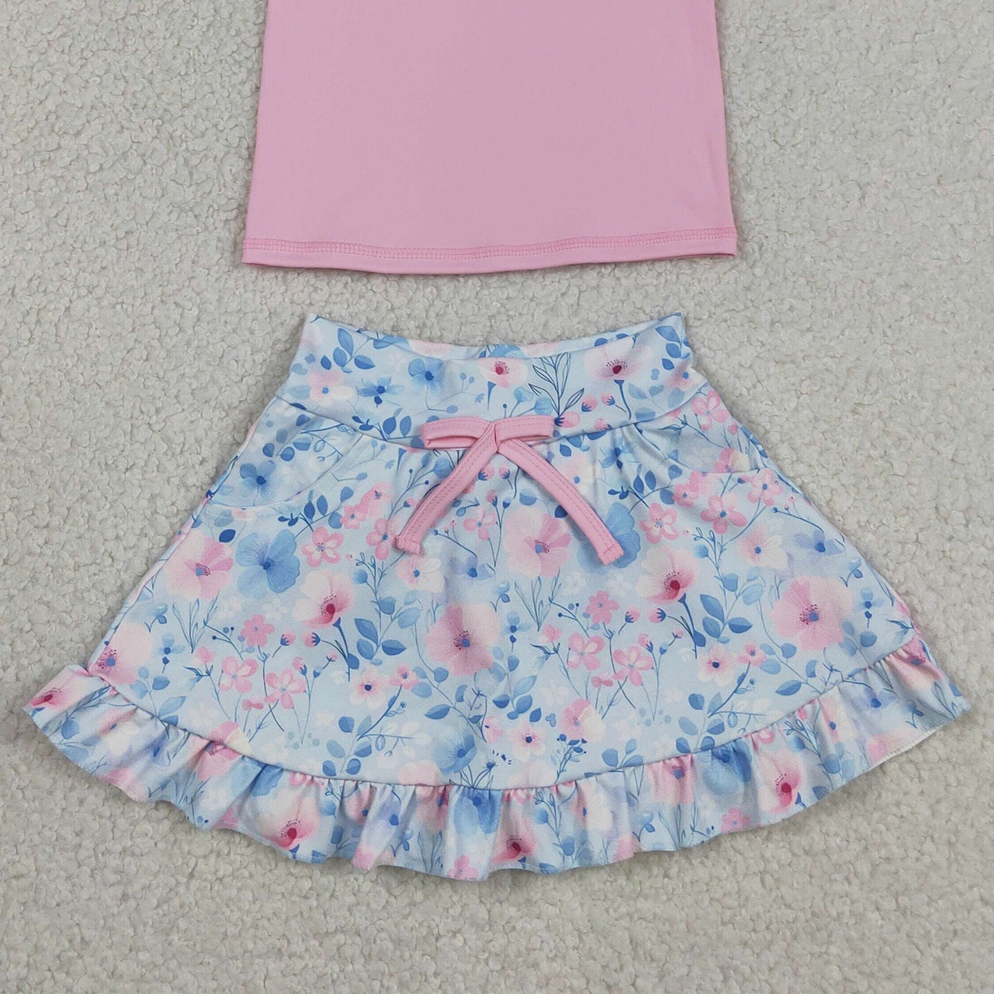 RTS NO MOQ yoga fabric GSD3773 Baby Girls Cute Pink Vest Colorful Floral Pockets Clothes Set