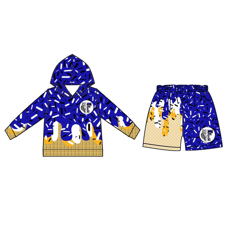 Custom moq 5 mix size milk silk baby girls clothes team bow blue hooded long sleeve tops and shorts-25.7.18