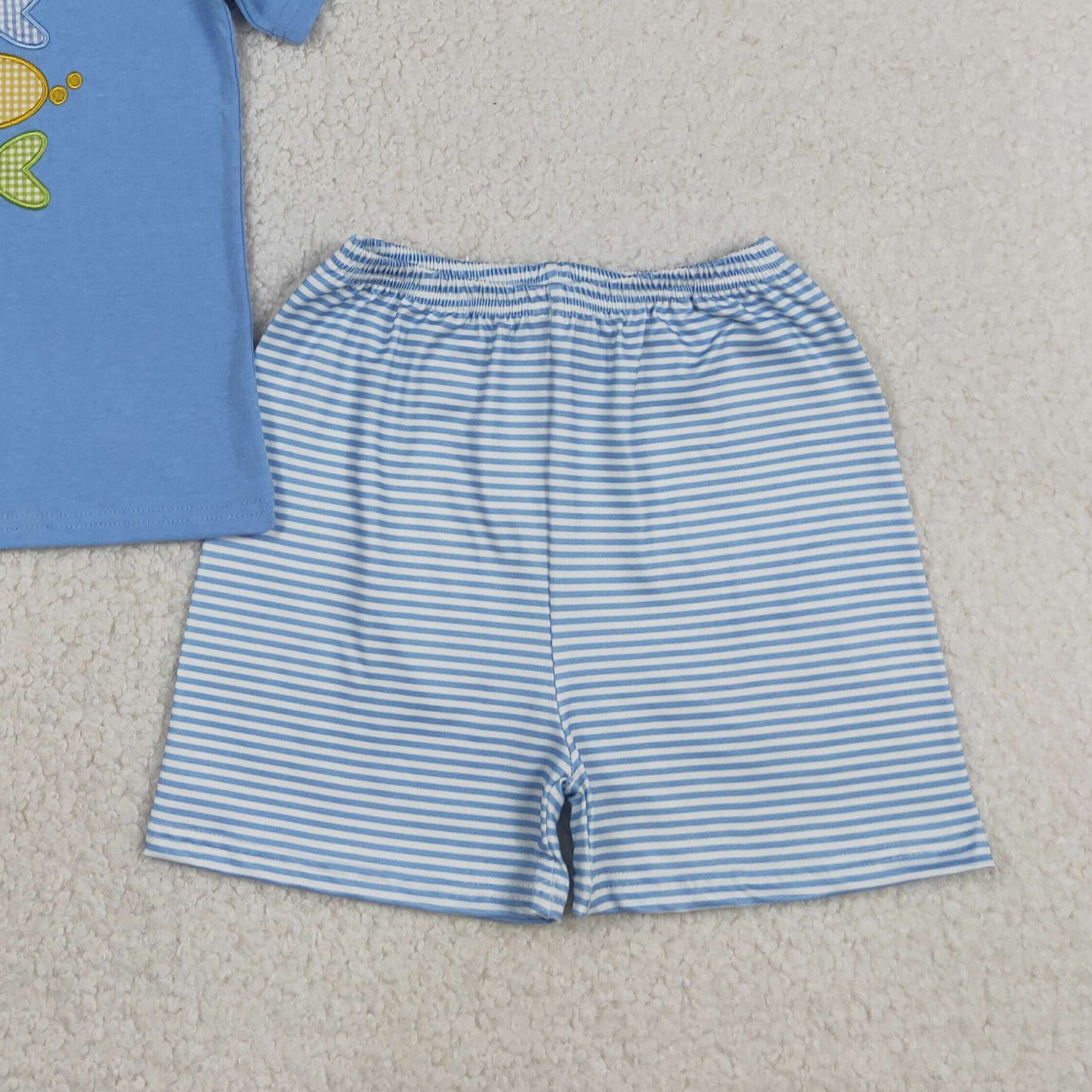 RTS NO MOQ BSSO1905 milk silk Baby Boys Cute Fish Embroidery Top Stripe Shorts Set