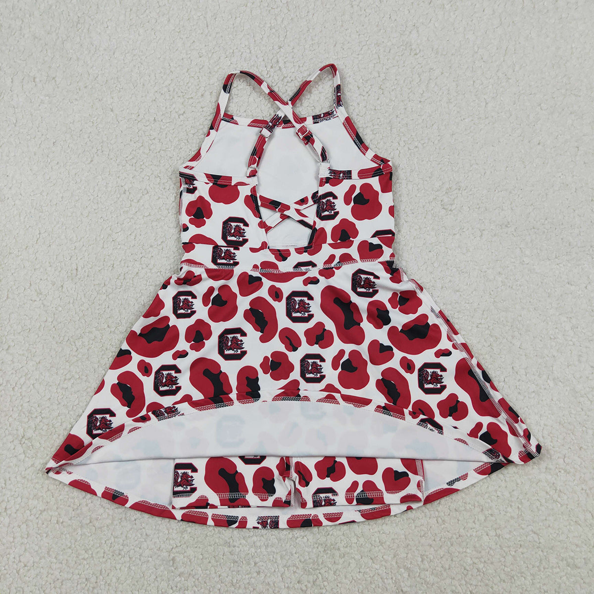 RTS NO MOQ GSD3633 Baby Girls Red Leopard Team Yoga Active Shorts with Strap Knee-Length Dress for Toddlers