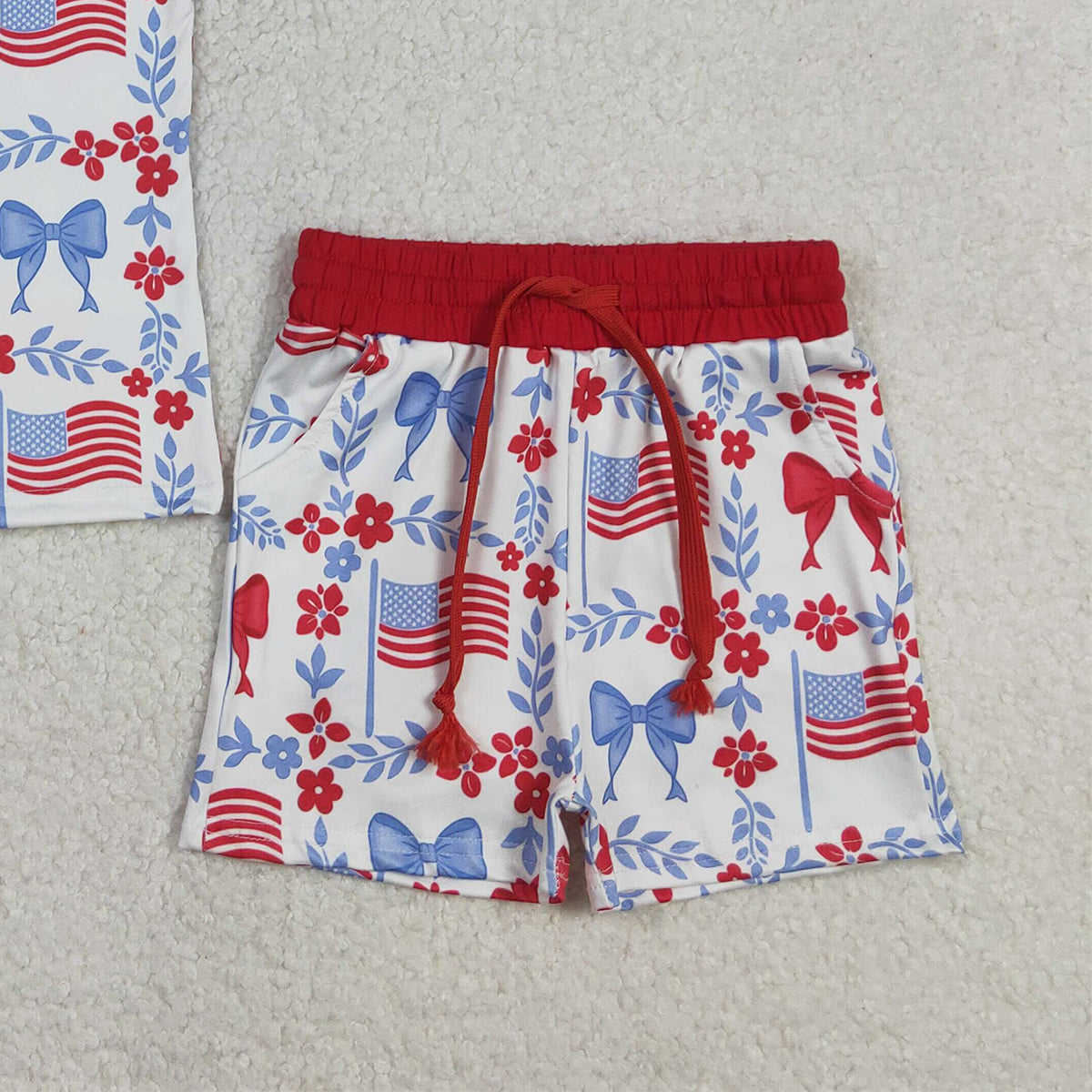 RTS NO MOQ GSSO3094 Baby Girls 4th of July Outfit Set with Red Blue Flowers Top And Short Pockets Casual Clothing
