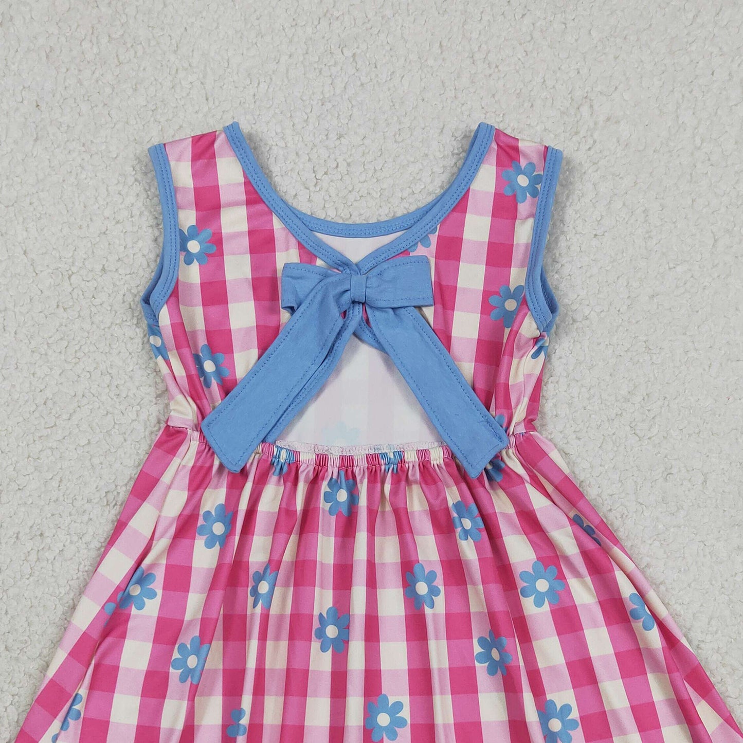 RTS NO MOQ milk silk GSD4007 Baby Girls Sleeveless Pink Checked Flowers Back Bow Knee Length Dresses
