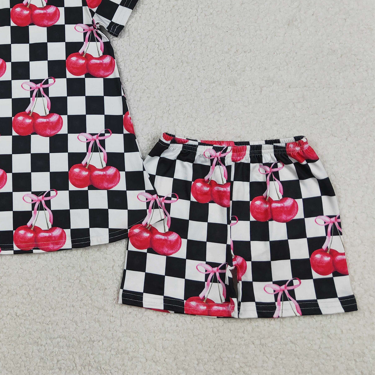 RTS NO MOQ GSSO3075 Baby Girls Casual Black White Plaid Cherry Print Tunic Top Shorts Wear