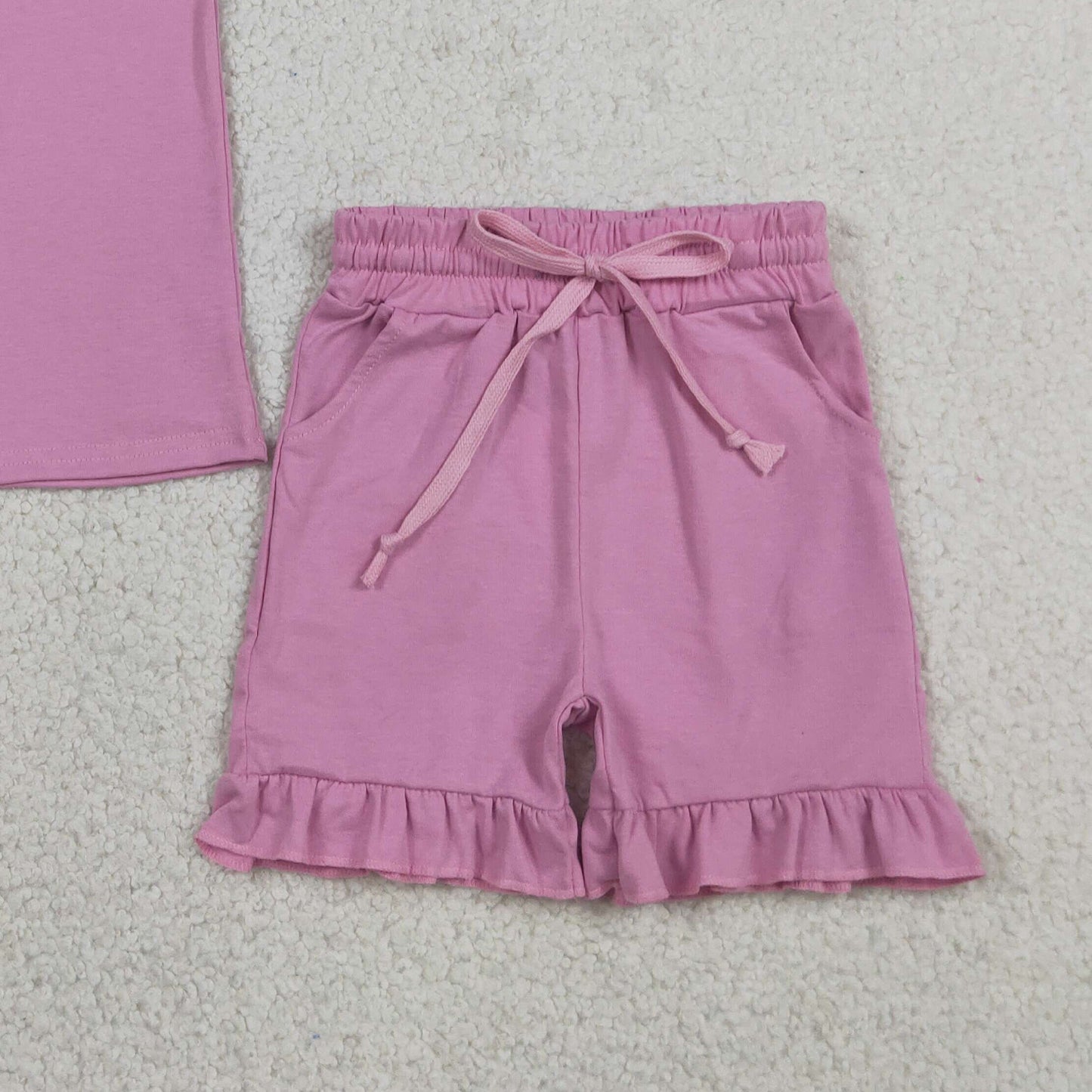 RTS NO MOQ cotton GSSO3348 Baby Girls Cute Pink Pocket Short Sleeve Shirt Ruffle Shorts Outfit