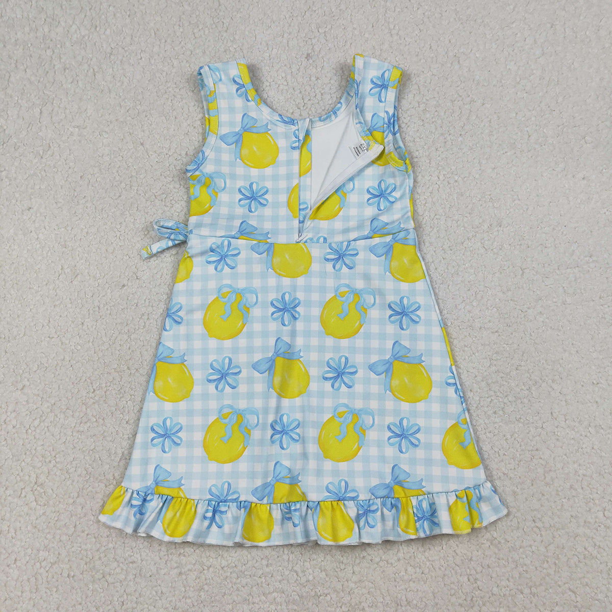 RTS NO MOQ GSD3684 Baby Girls Blue Checked Dress with Bow Lemons Back Zip Ruffle Knee Length Yoga Active Shorts for Kids