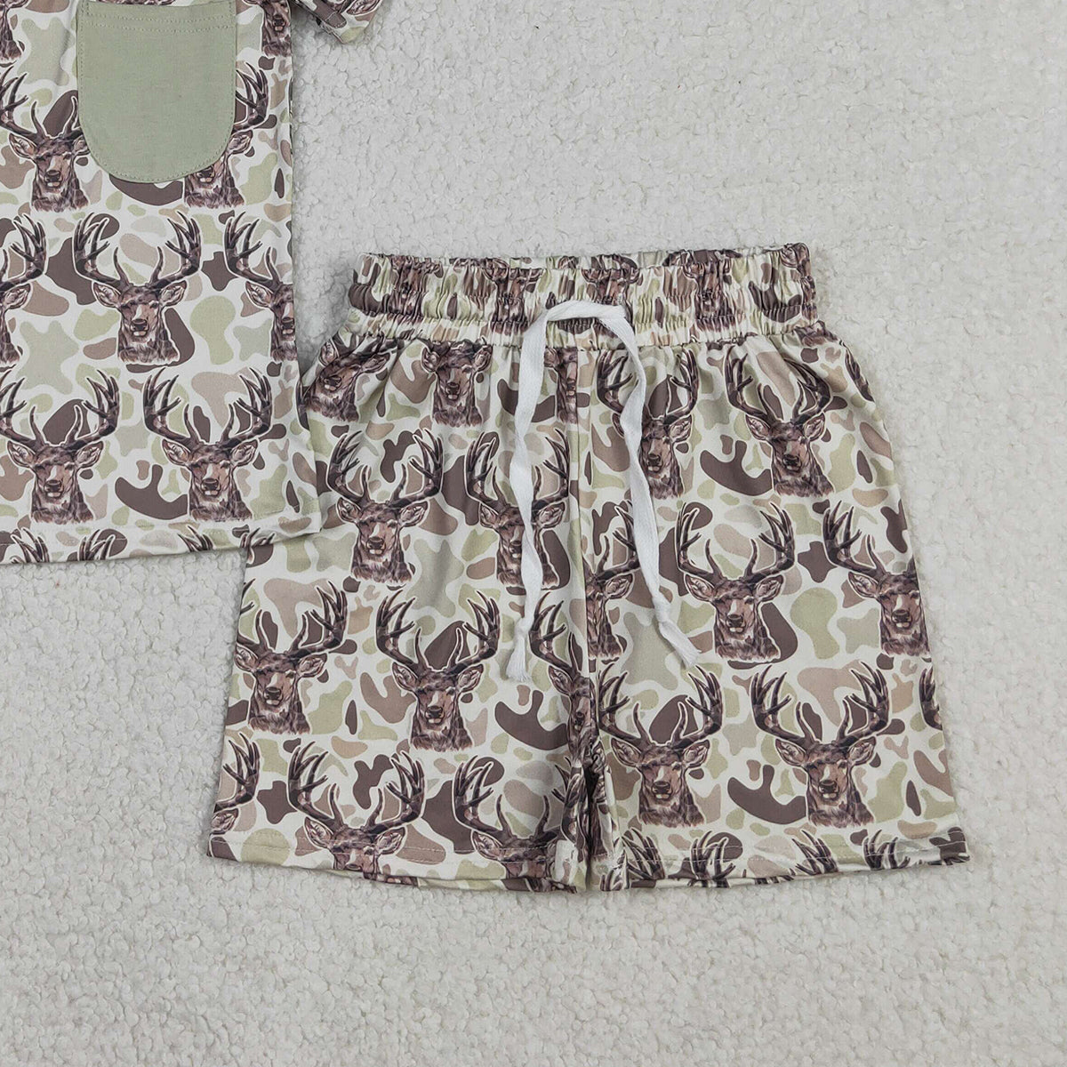 RTS NO MOQ BSSO1794 Baby Boys Khaki Deer Camo Top Shorts Set with Pocket Baby Boys Hunting Clothes Set