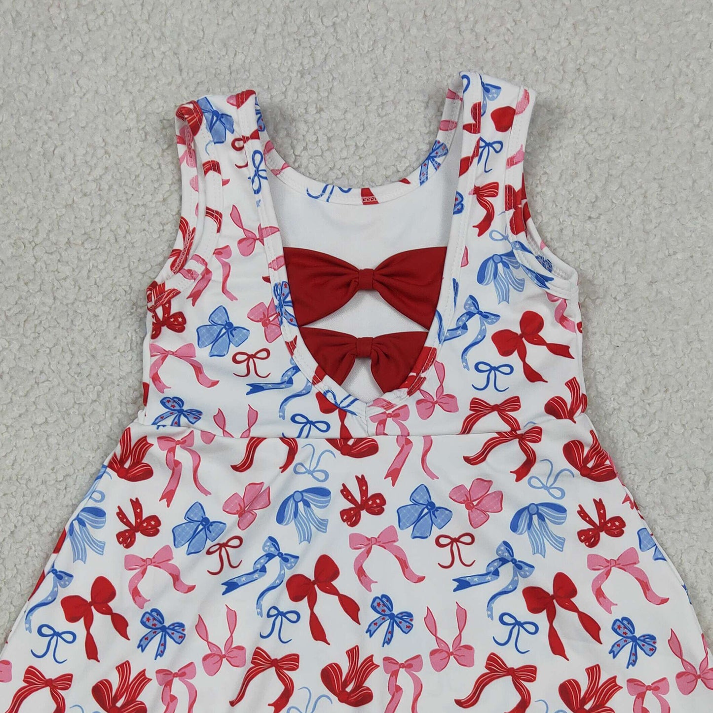 RTS NO MOQ yoga fabric GSD3809 4th Of July Bow  Baby Girls Scallop Edge Knee Length Yoga Dress