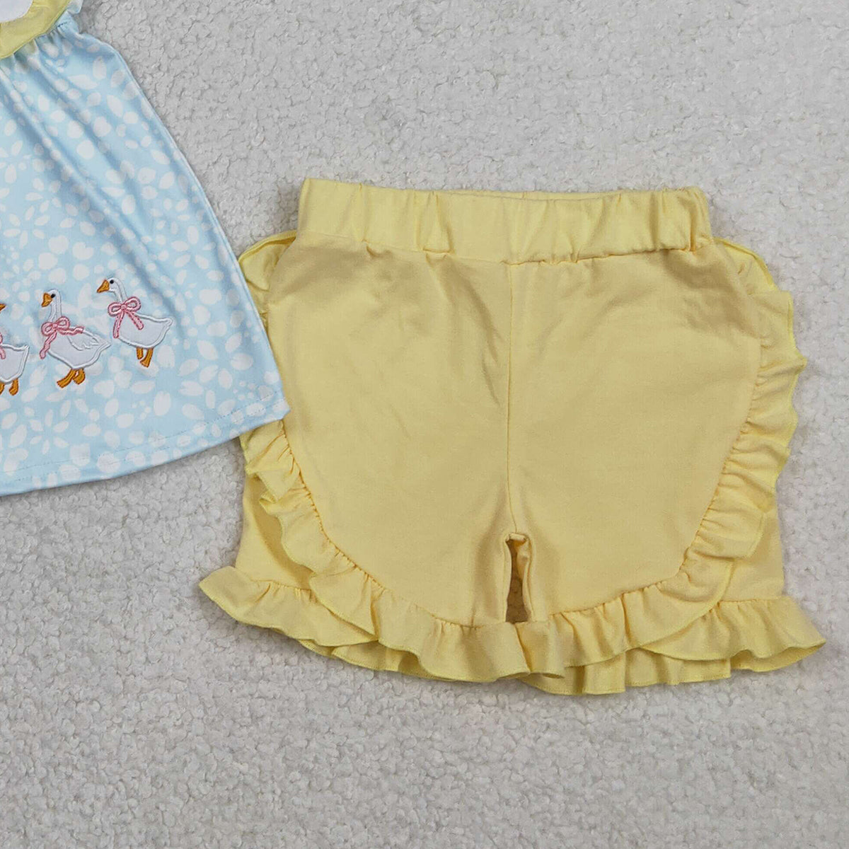 RTS NO MOQ GSSO2796  Embroidery Silly Gooses Baby Girls Floral Tunic Ruffle Shorts Outfit Set Cute Girl's Clothing