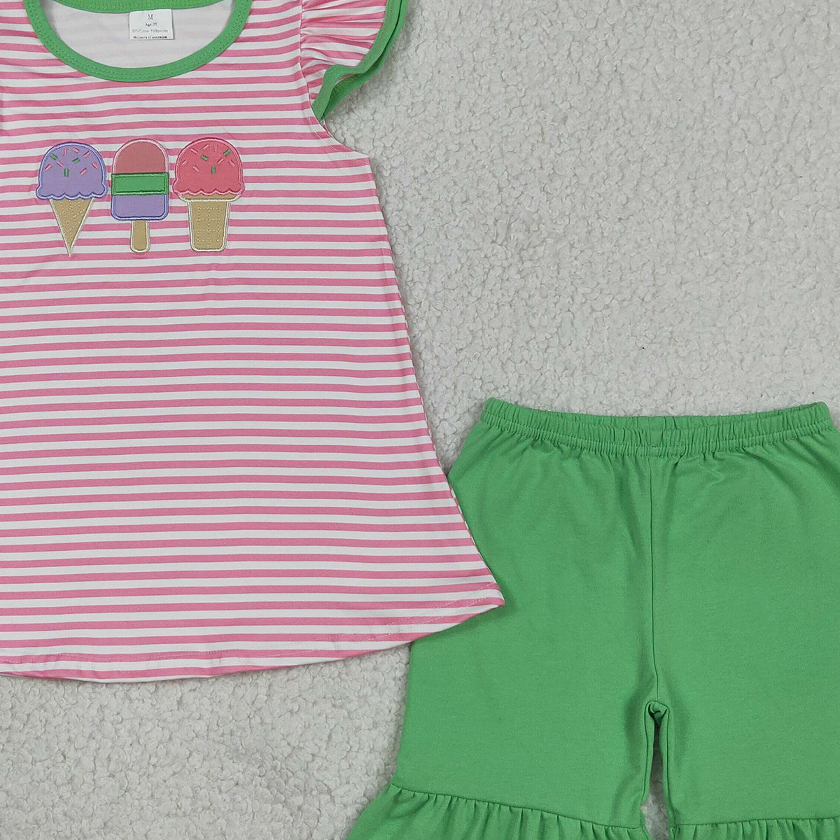 RTS NO MOQ GSSO2349 Embroidery Popsicle Baby Girls Pink Stripe Tunic Ruffle Short Set Cute Outfit for Little Girls