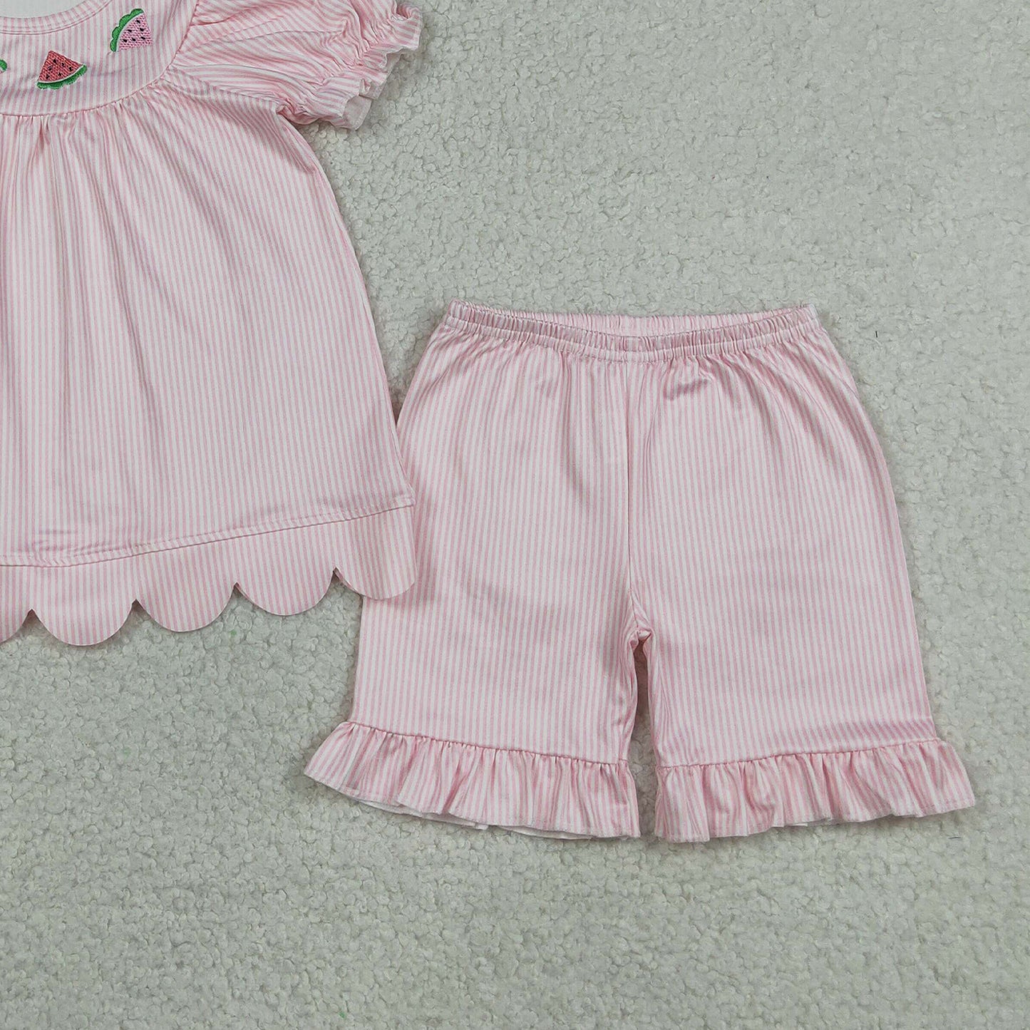 RTS NO MOQ milk silk GSSO3239 Baby Girls Embroidered Watermelon Pink Stripe Scallop Tunic Ruffle Shorts Set