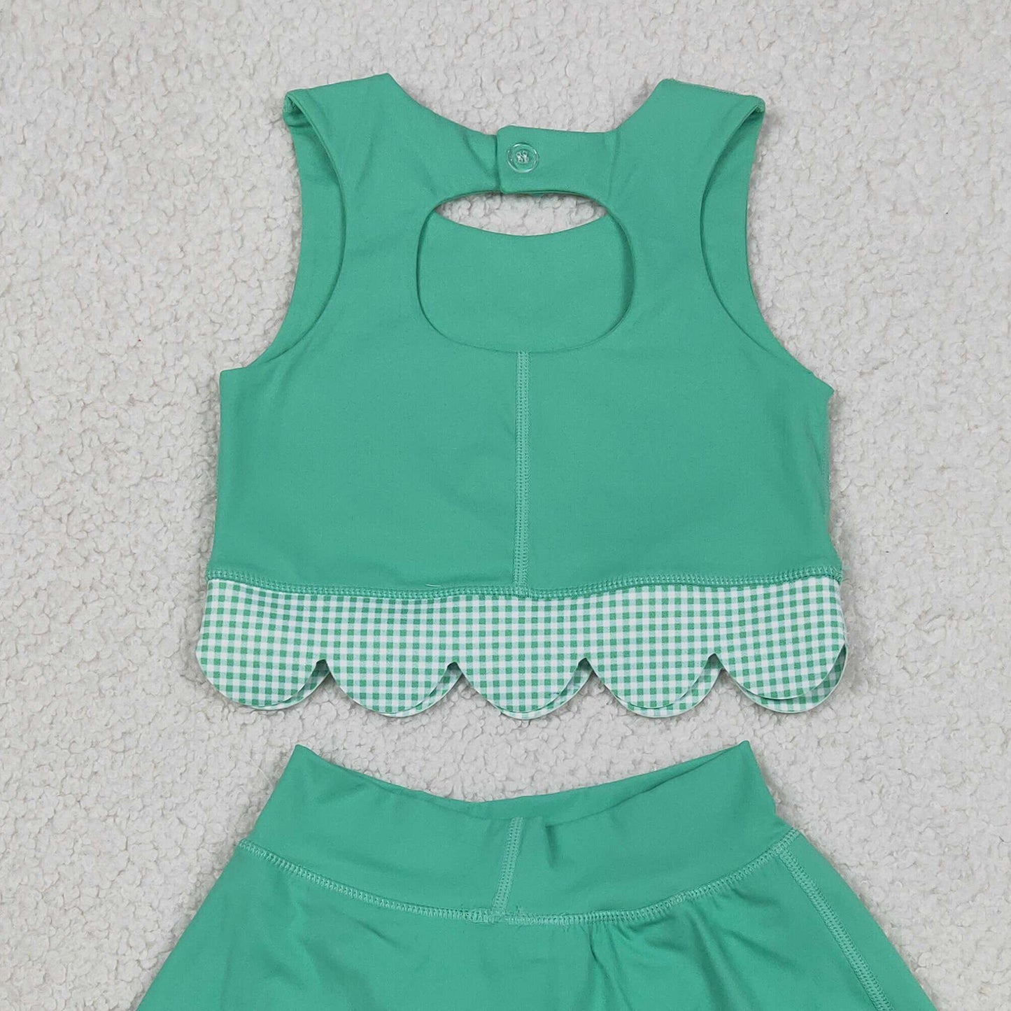 RTS NO MOQ yoga fabric GSD3320 Baby  Girls Green Vest Bows Scallop Yoga Active Two Piece Sets