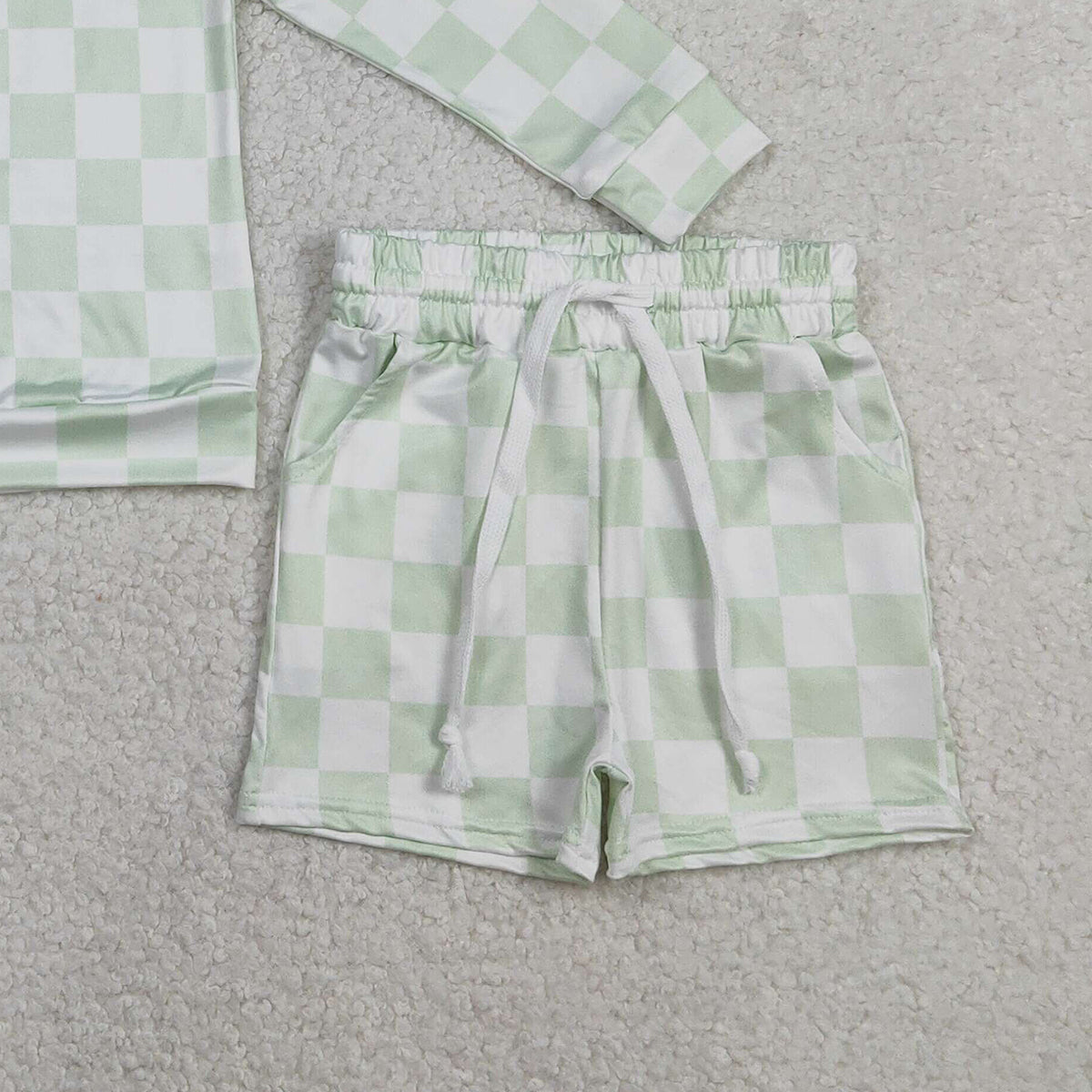 RTS NO MOQ GLS0086 Baby Girls Light Green Checked Long Sleeve Top with Pockets Shorts Outfit Set