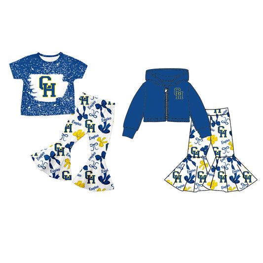 Custom moq 5 mix size milk silk summer teams baby girls clothes bow blue short sleeve pants sets and hooded long sleeve pants sets-25.7.24