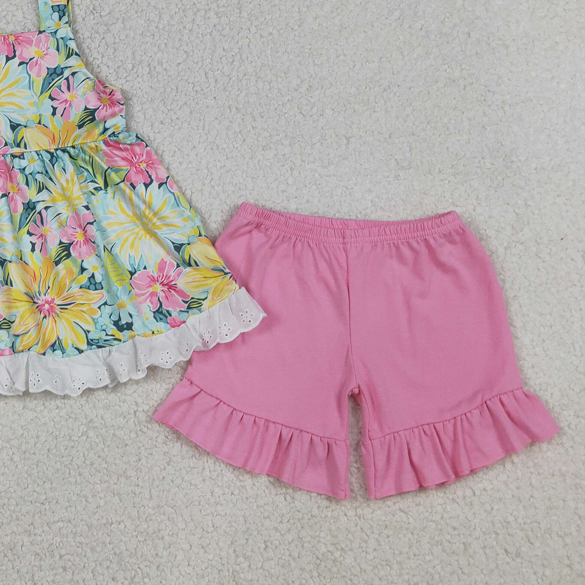 RTS NO MOQ GSSO3034 Baby Girls Colorful Flowers Strap Tunic Ruffle Shorts Outfit Set