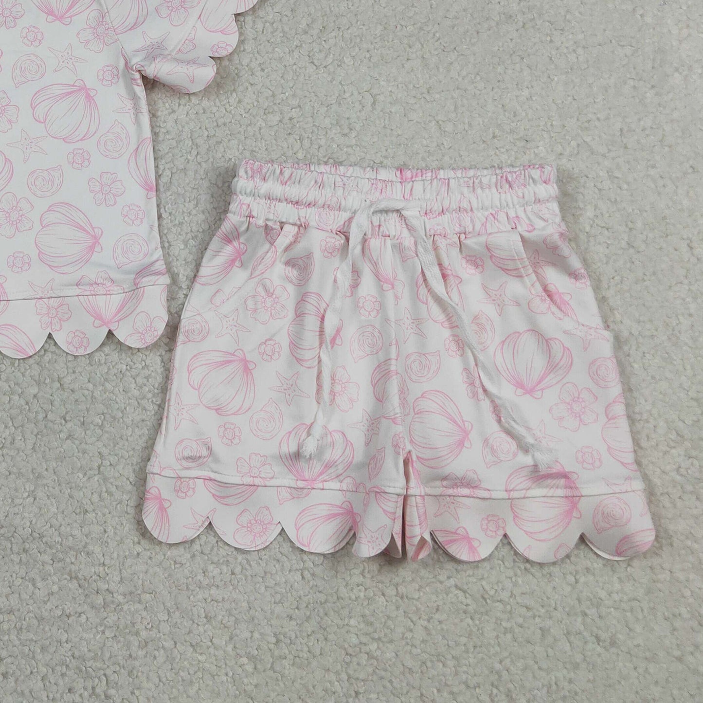 RTS NO MOQ milk silk GSSO3729 Baby Girls Shell Flower Print Top Pocket Scallop Short Set