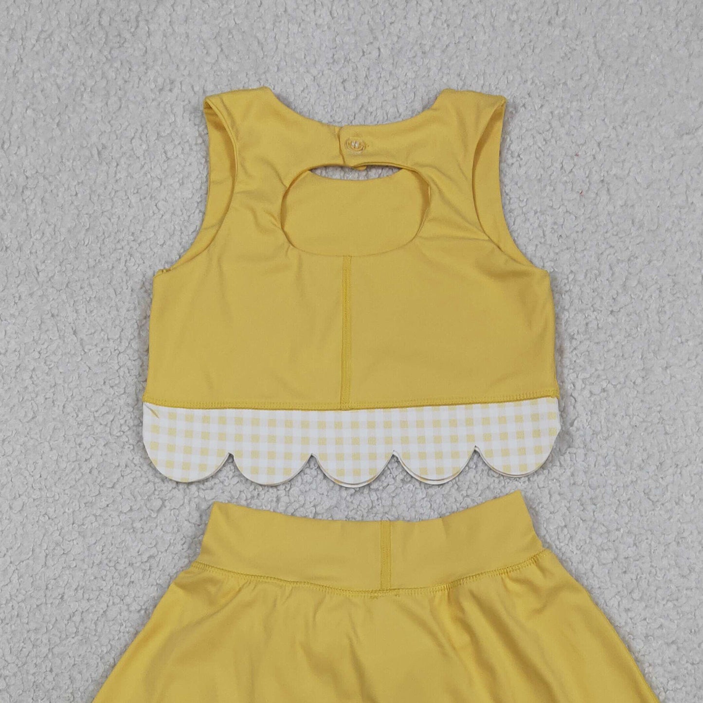 RTS NO MOQ yoga fabric GSD3324 Baby Girls Yellow Sleeveless Vest Top With Bows Skirt Shorts Yoga Clothes Set