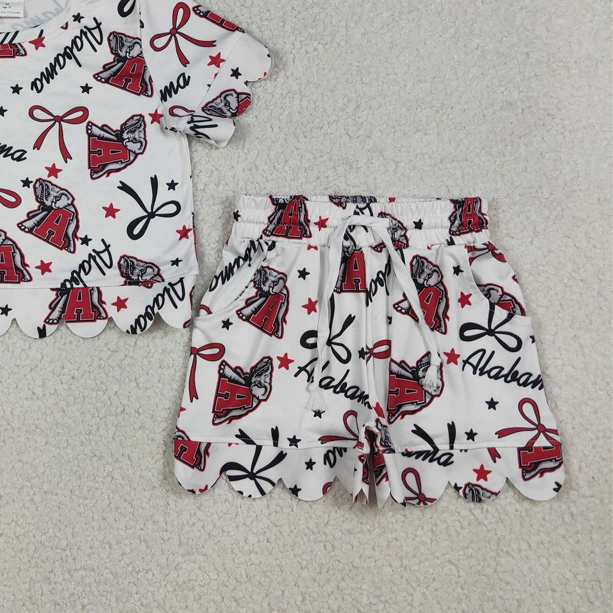 RTS NO MOQ GSSO3253 Baby Girls Star Bows Print Top Scallop Shorts Outfit Set Team Clothing for Kids