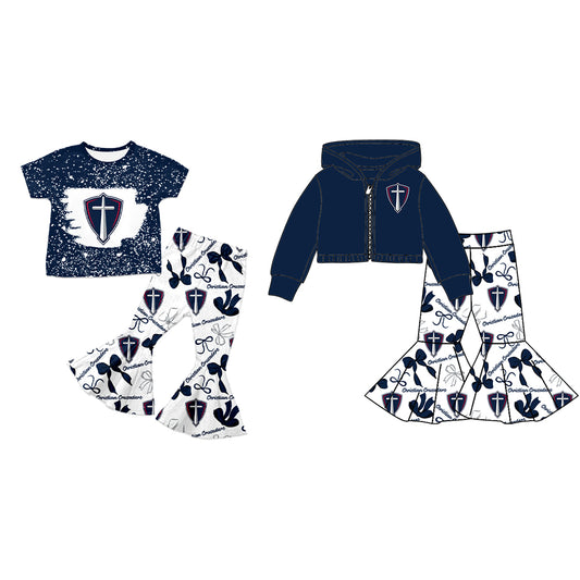 Custom moq 5 mix size milk silk summer teams baby girls clothes bow blue short sleeve pants sets and hooded long sleeve pants sets-25.7.23