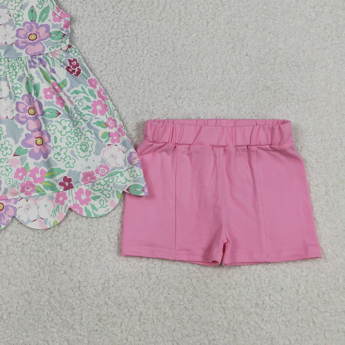 RTS NO MOQ milk silk GSSO3385 Baby Girls Sleeveless Colorful Flowers Scallop Loose Tunic Shorts Set