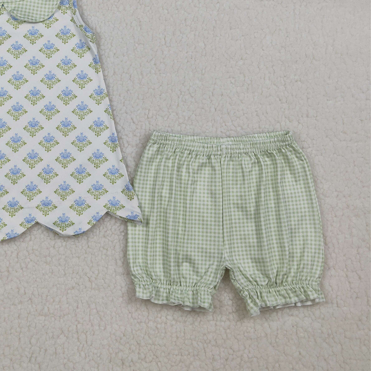 RTS NO MOQ GSSO2850 Baby Girls Plaid Collar Tunic And Ruffle Shorts Outfit Set Floral Print Baby Girl's Clothing Set