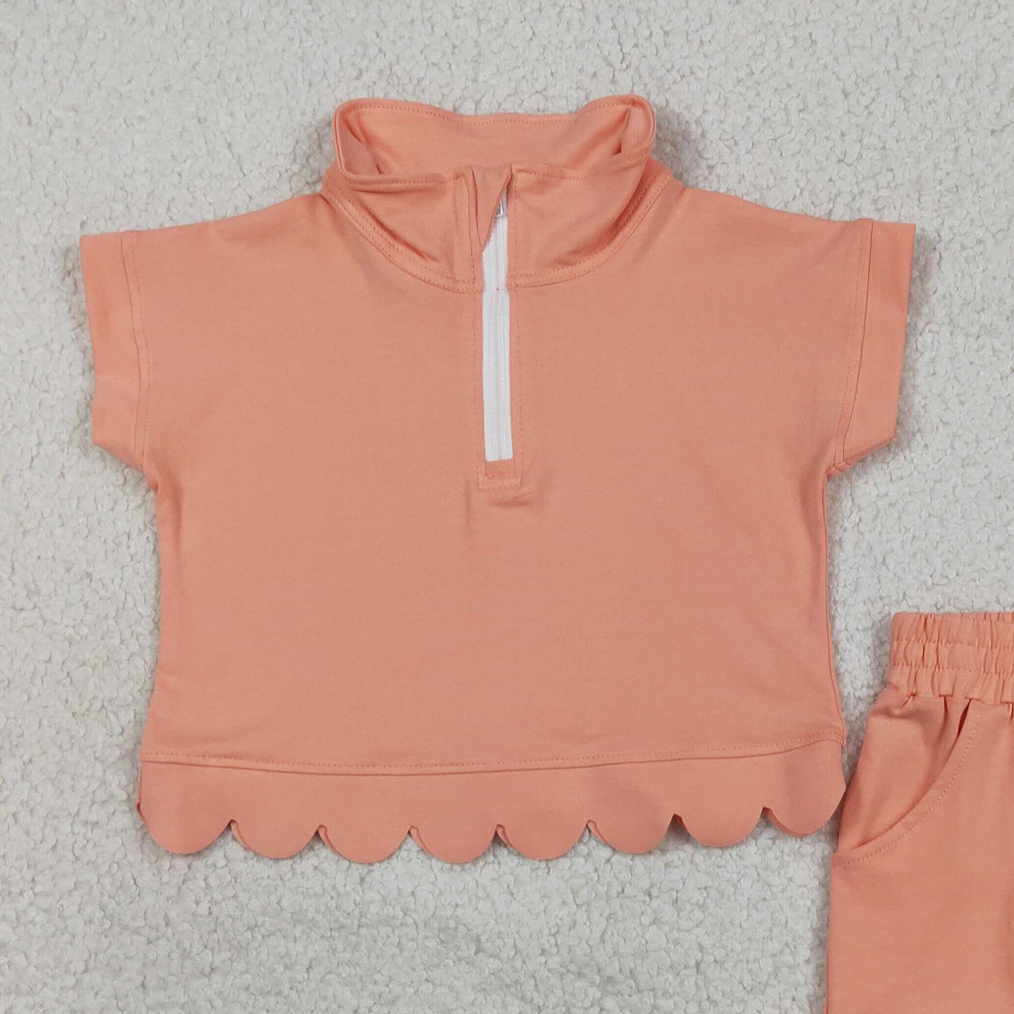 RTS NO MOQ cotton GSSO3374 Baby Girls Peach Pocket Zipper Pullover Scallop Two Piece Set