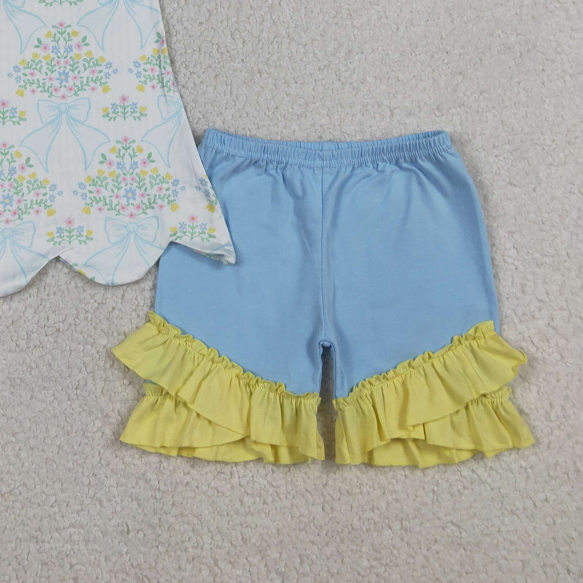 RTS NO MOQ GSSO2767 Baby Girls Bow Flowers Checked Scallop Tunic Ruffle Shorts Outfit Set Cute Clothing