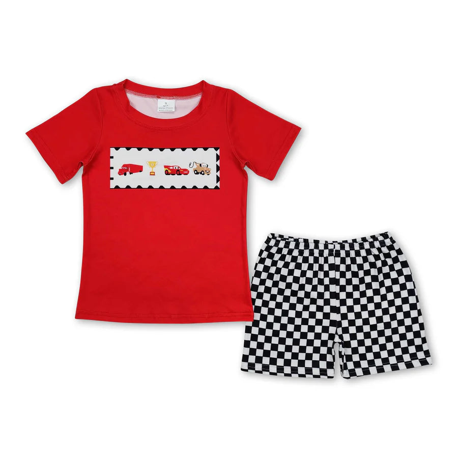 RTS NO MOQ Sibling Baby Boys Racing Cars Shirts Checkered Shorts Clothes Sets