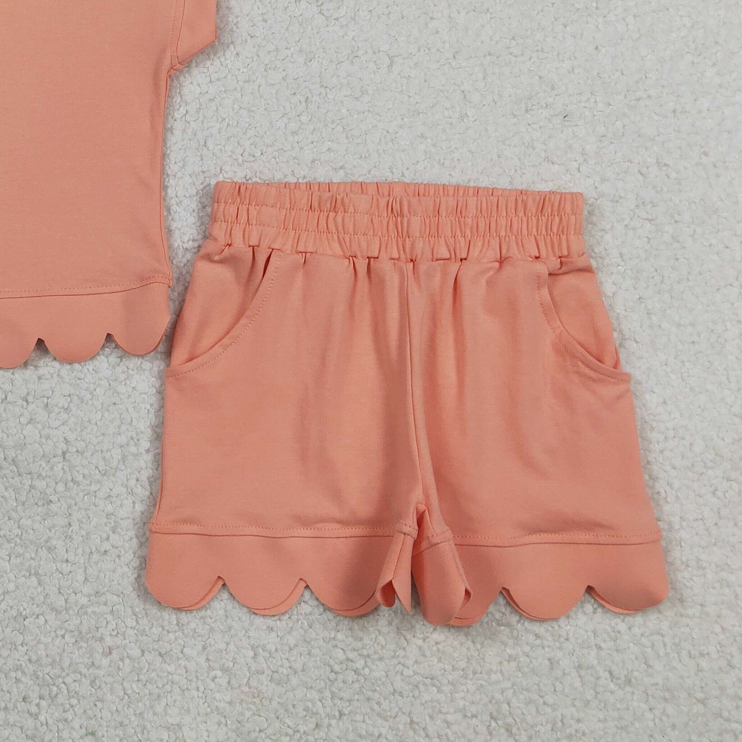 RTS NO MOQ cotton GSSO3374 Baby Girls Peach Pocket Zipper Pullover Scallop Two Piece Set