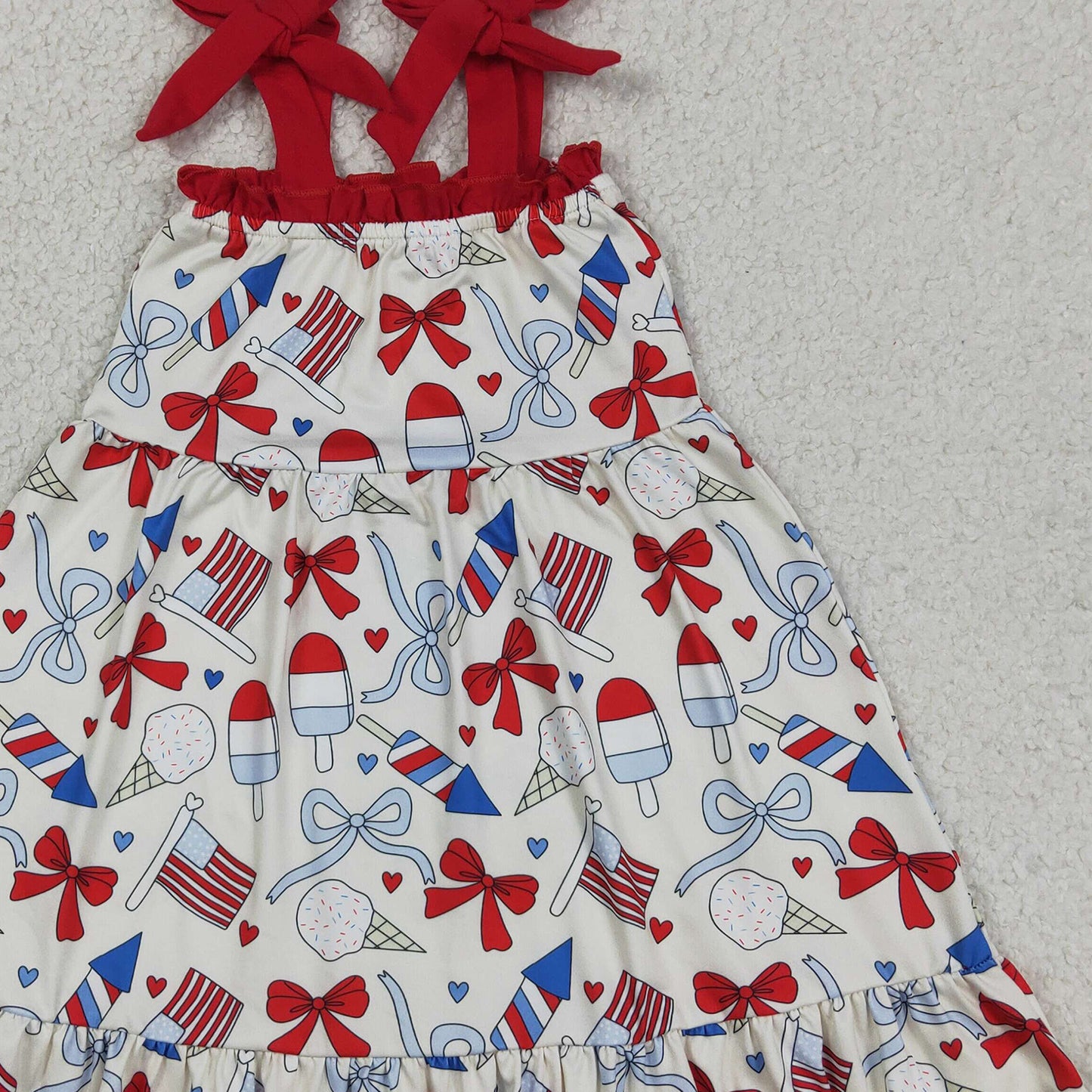 RTS NO MOQ GSD3723 Baby Girls Summer 4th of July Ruffle Popsicle Printed Strap Dress