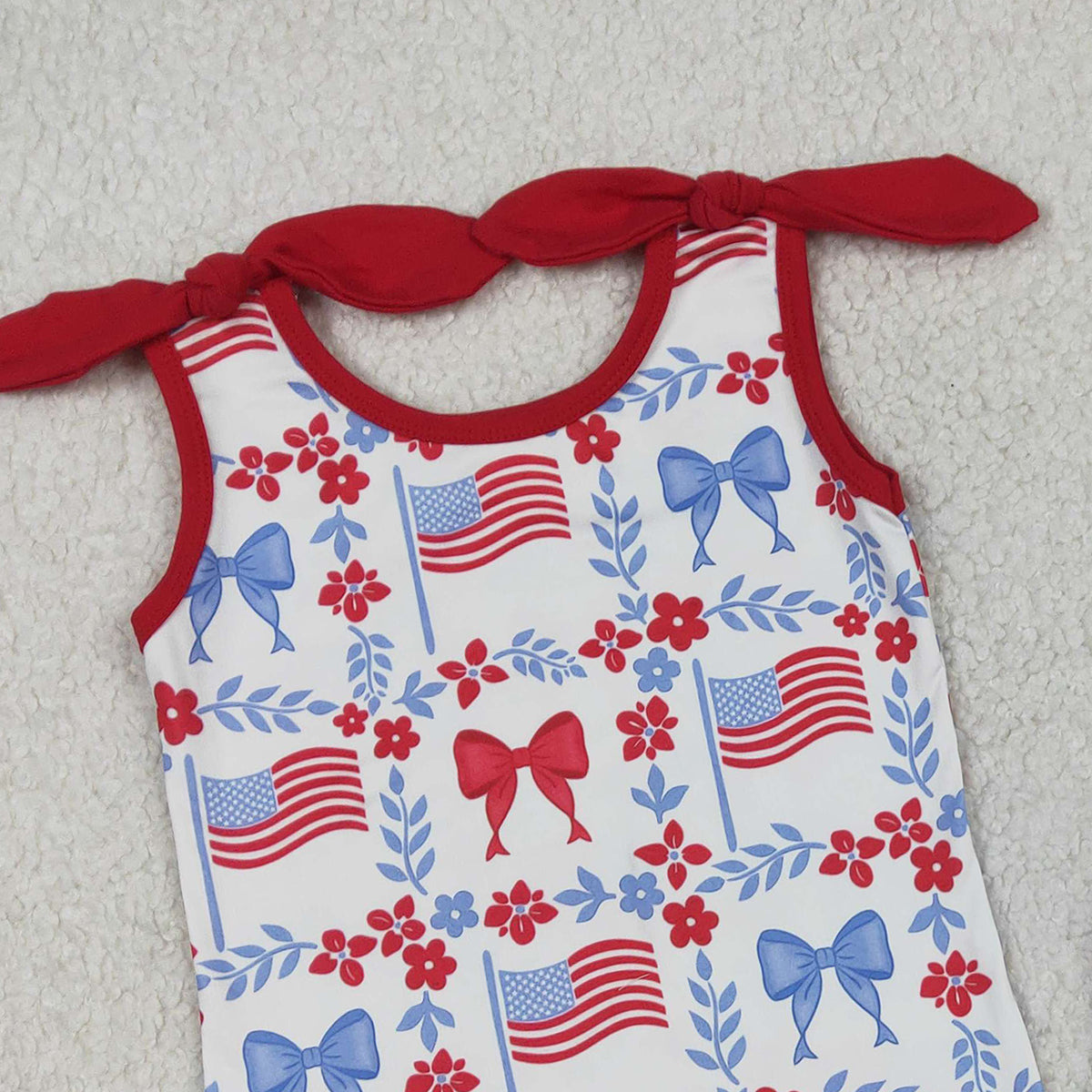RTS NO MOQ GSSO3094 Baby Girls 4th of July Outfit Set with Red Blue Flowers Top And Short Pockets Casual Clothing