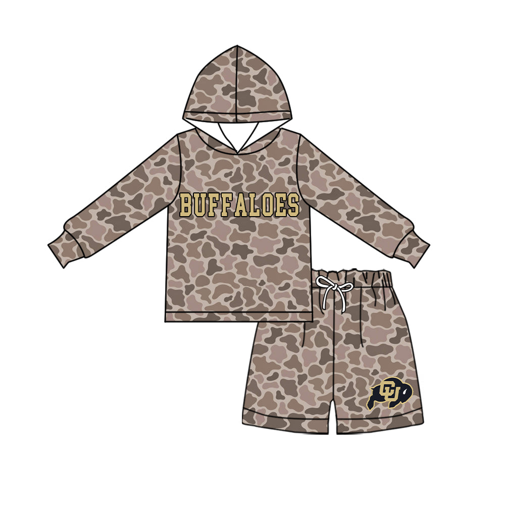 custom moq 5 mix size XY073003 Baby Kids Camo Long Sleeve Hooded Top Camo Shorts Team Outfit Set