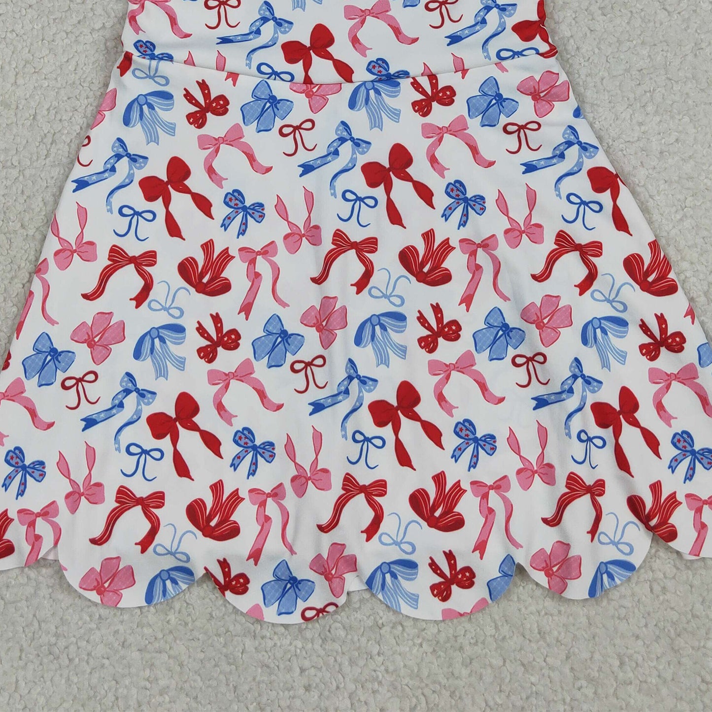 RTS NO MOQ yoga fabric GSD3809 4th Of July Bow  Baby Girls Scallop Edge Knee Length Yoga Dress