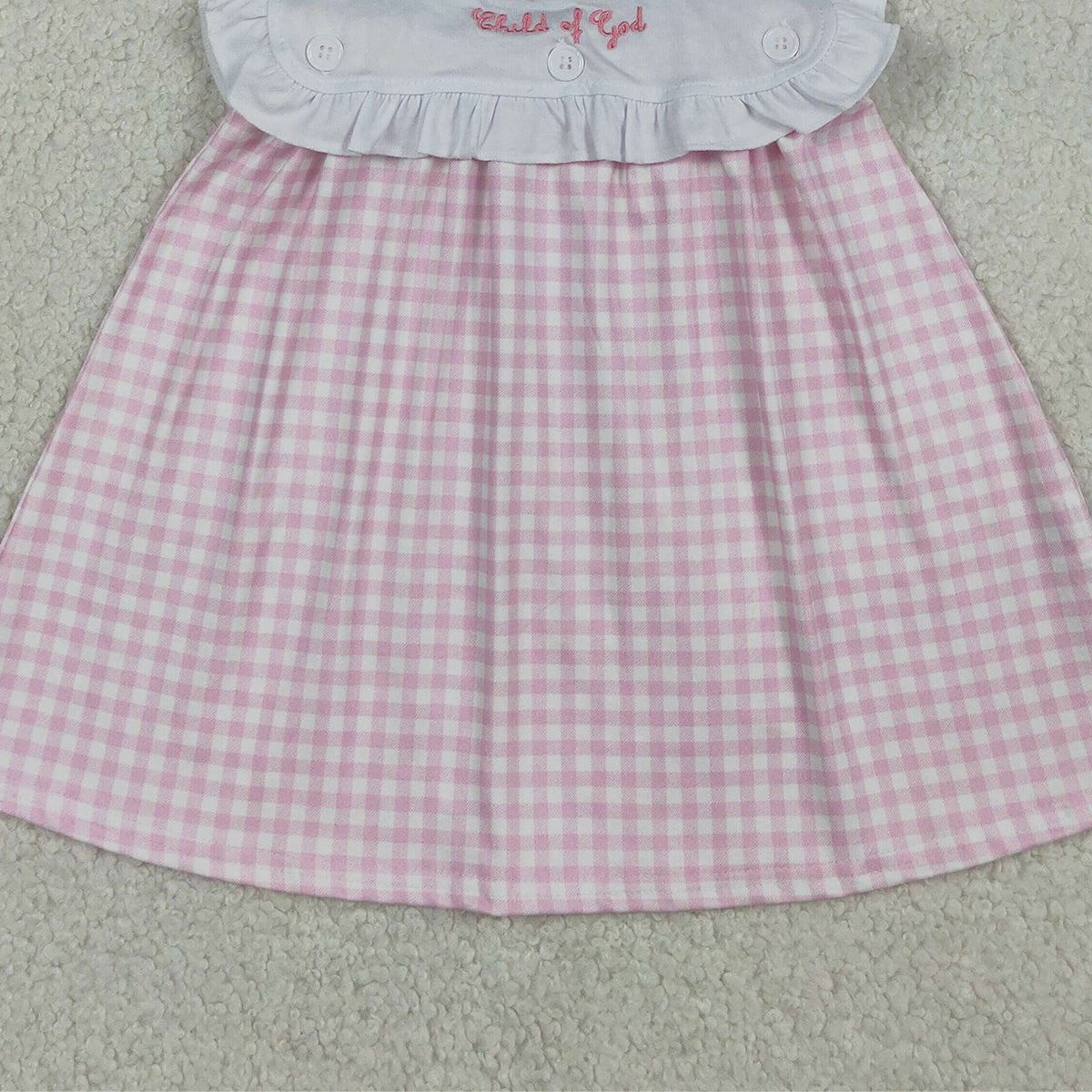 RTS NO MOQ GSD3201 Baby Girls Pink Checked Knee-Length Dress Embroidery Cross 'Child of God' Cute Dress