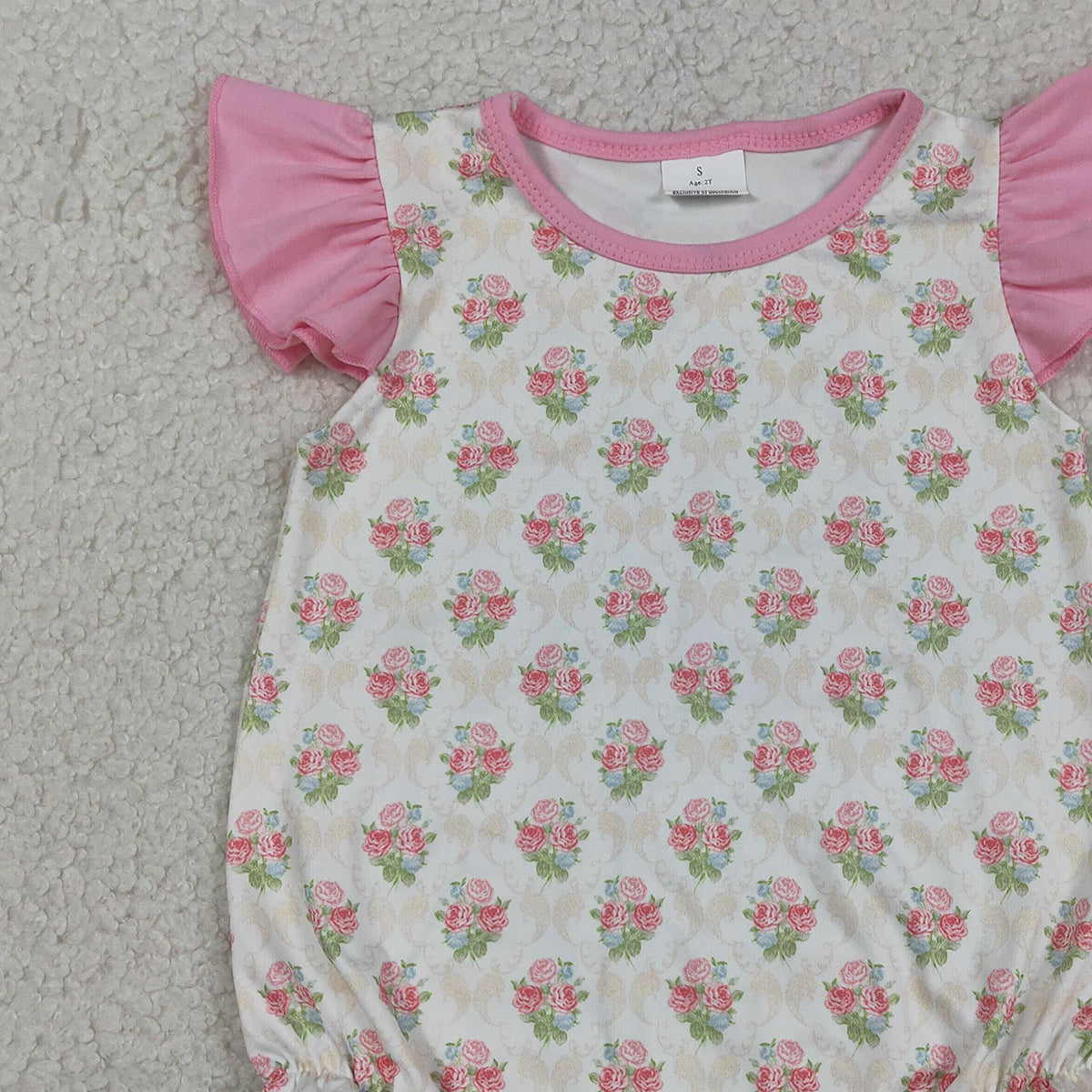 RTS NO MOQ SR3677 Baby Girls Pink Checked Rompers with Flutter Sleeve Flowers Ruffle for Infants