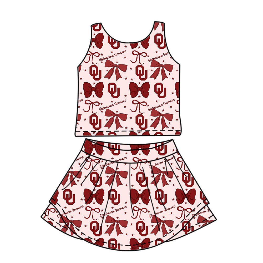 Custom moq 5 mix size milk silk summer teams baby girls clothes team bow brick red sleeveless skirts sets and dress 1 and dress 2 and top-25.6.23