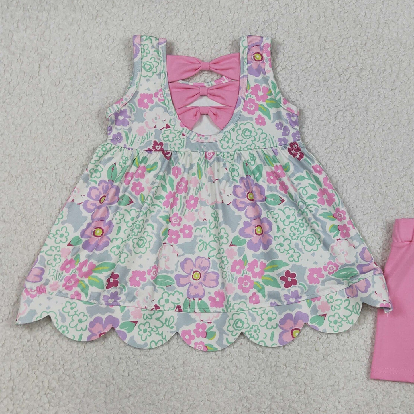 RTS NO MOQ milk silk GSSO3385 Baby Girls Sleeveless Colorful Flowers Scallop Loose Tunic Shorts Set