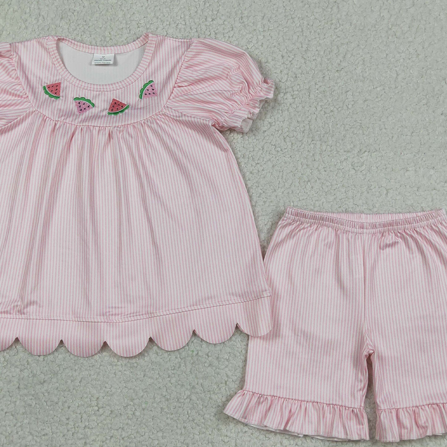 RTS NO MOQ milk silk GSSO3239 Baby Girls Embroidered Watermelon Pink Stripe Scallop Tunic Ruffle Shorts Set