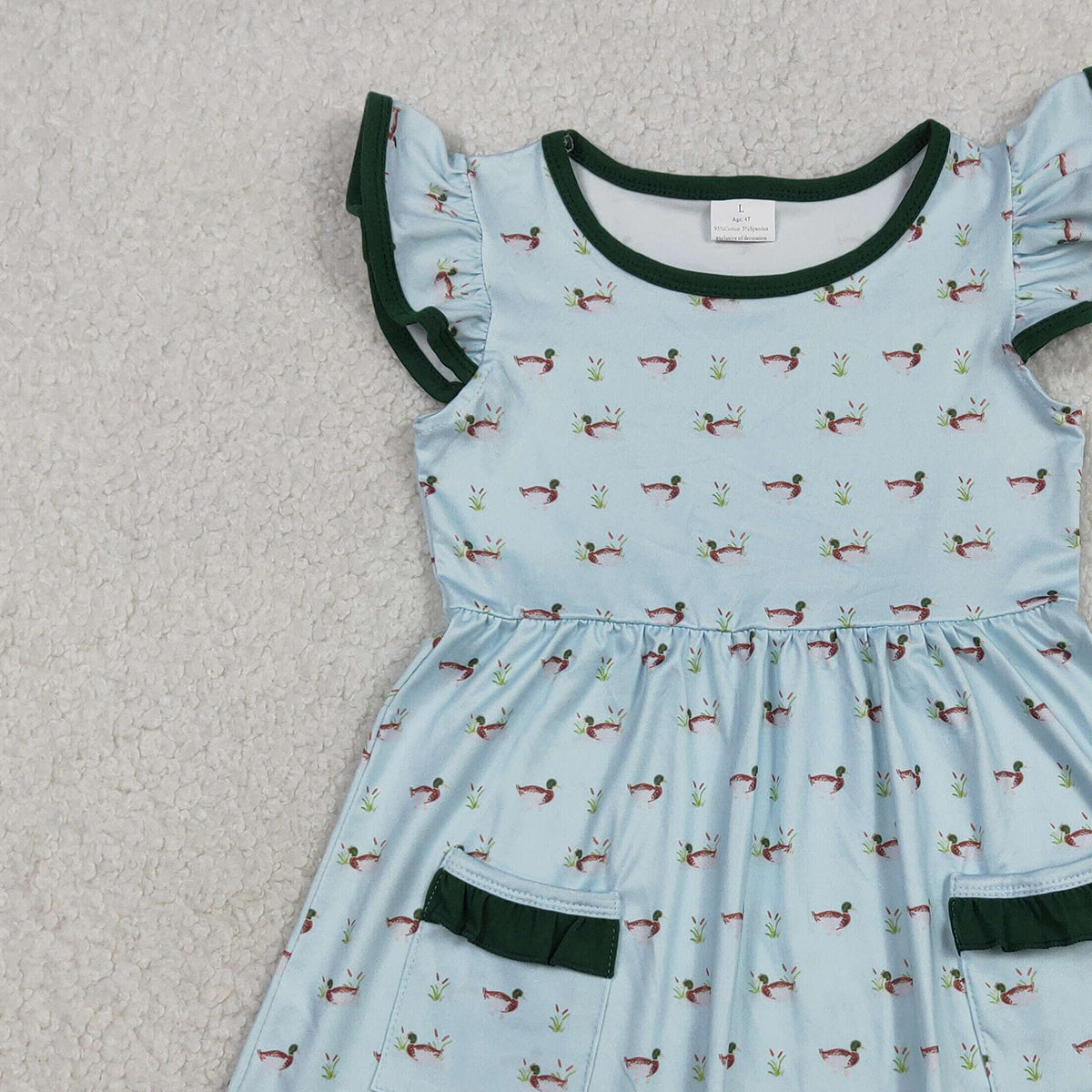 RTS NO MOQ GSD3679 Baby Girls Knee-Length Dress with Flutter Sleeves And Duck Pockets Hunting Theme Casual Wear for Little Girls