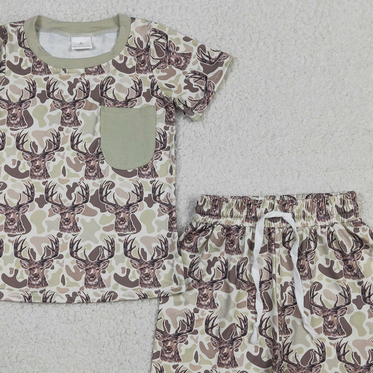 RTS NO MOQ BSSO1794 Baby Boys Khaki Deer Camo Top Shorts Set with Pocket Baby Boys Hunting Clothes Set