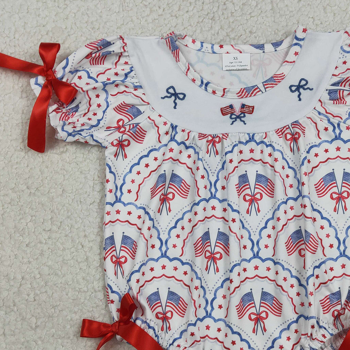 RTS NO MOQ SR3887 Embroidered Baby Girls Bows Flags Ruffle Rompers Checked 4th of July Outfit for Girls