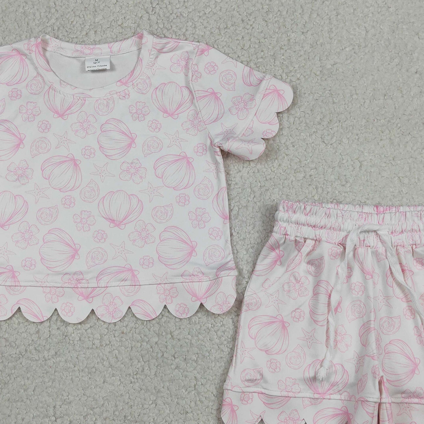RTS NO MOQ milk silk GSSO3729 Baby Girls Shell Flower Print Top Pocket Scallop Short Set
