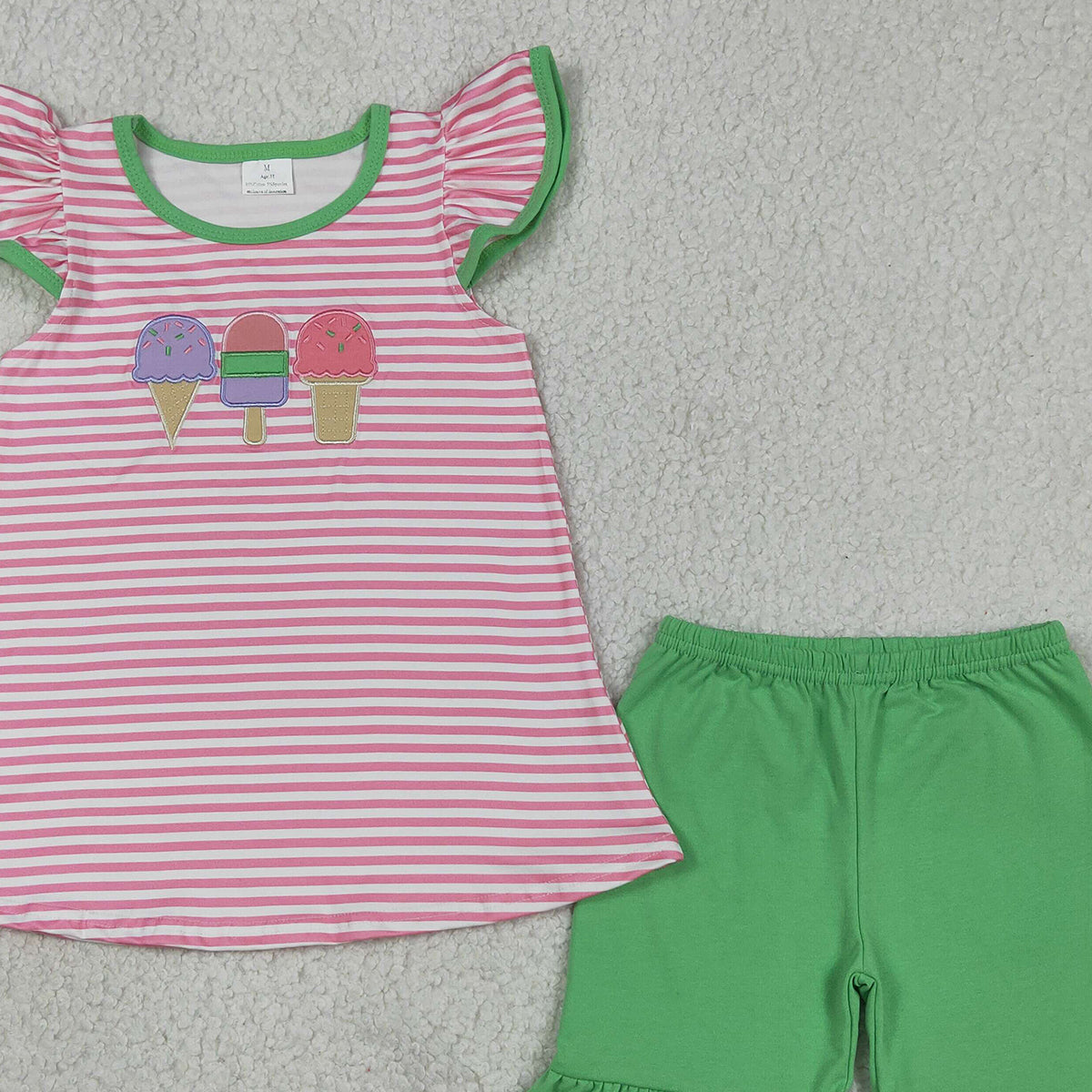 RTS NO MOQ GSSO2349 Embroidery Popsicle Baby Girls Pink Stripe Tunic Ruffle Short Set Cute Outfit for Little Girls