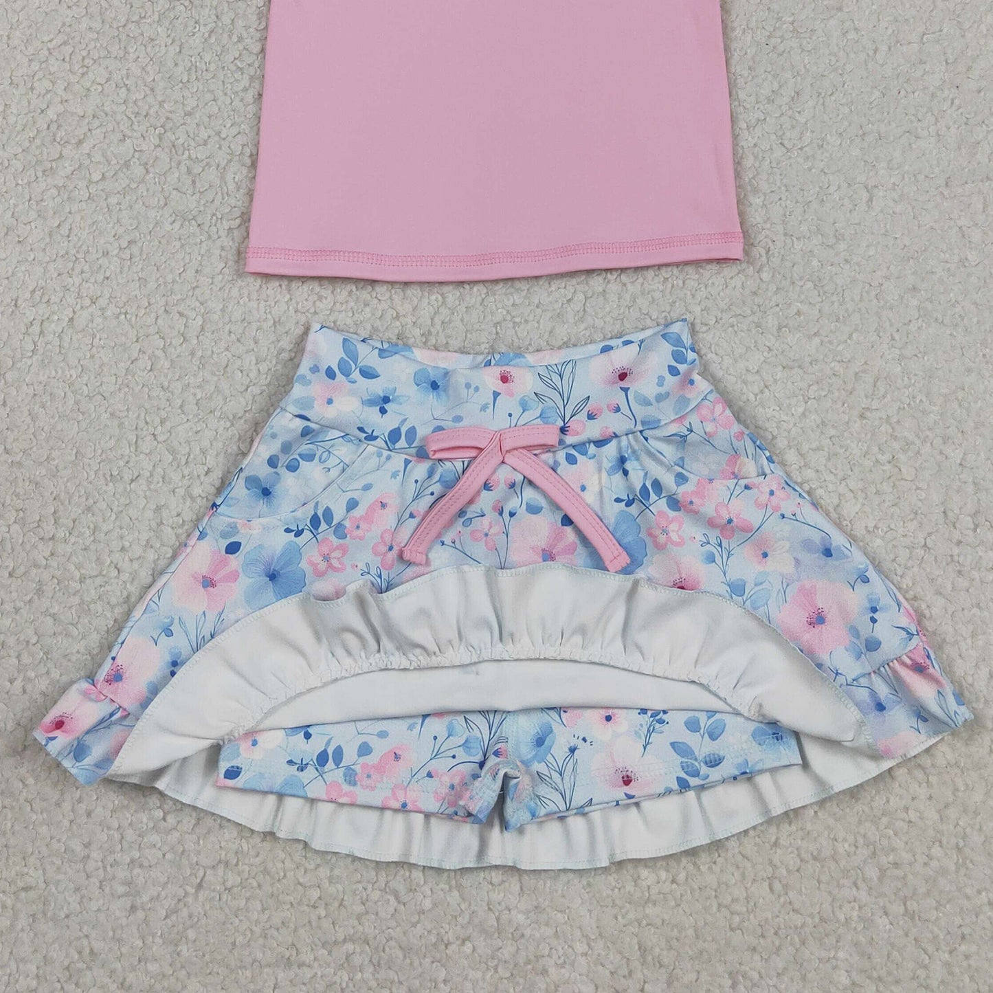 RTS NO MOQ yoga fabric GSD3773 Baby Girls Cute Pink Vest Colorful Floral Pockets Clothes Set