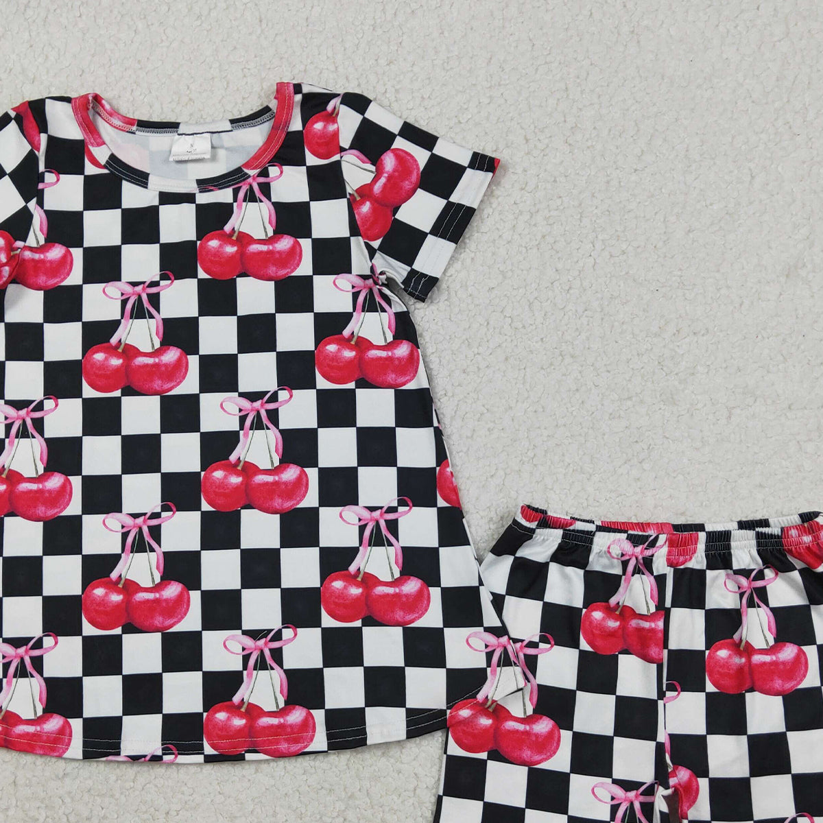 RTS NO MOQ GSSO3075 Baby Girls Casual Black White Plaid Cherry Print Tunic Top Shorts Wear