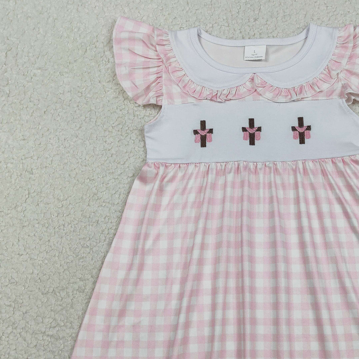 RTS NO MOQ GSD3382 Baby Girls Pink Checked Knee-Length Dress with Easter Collar Embroidery Crosses