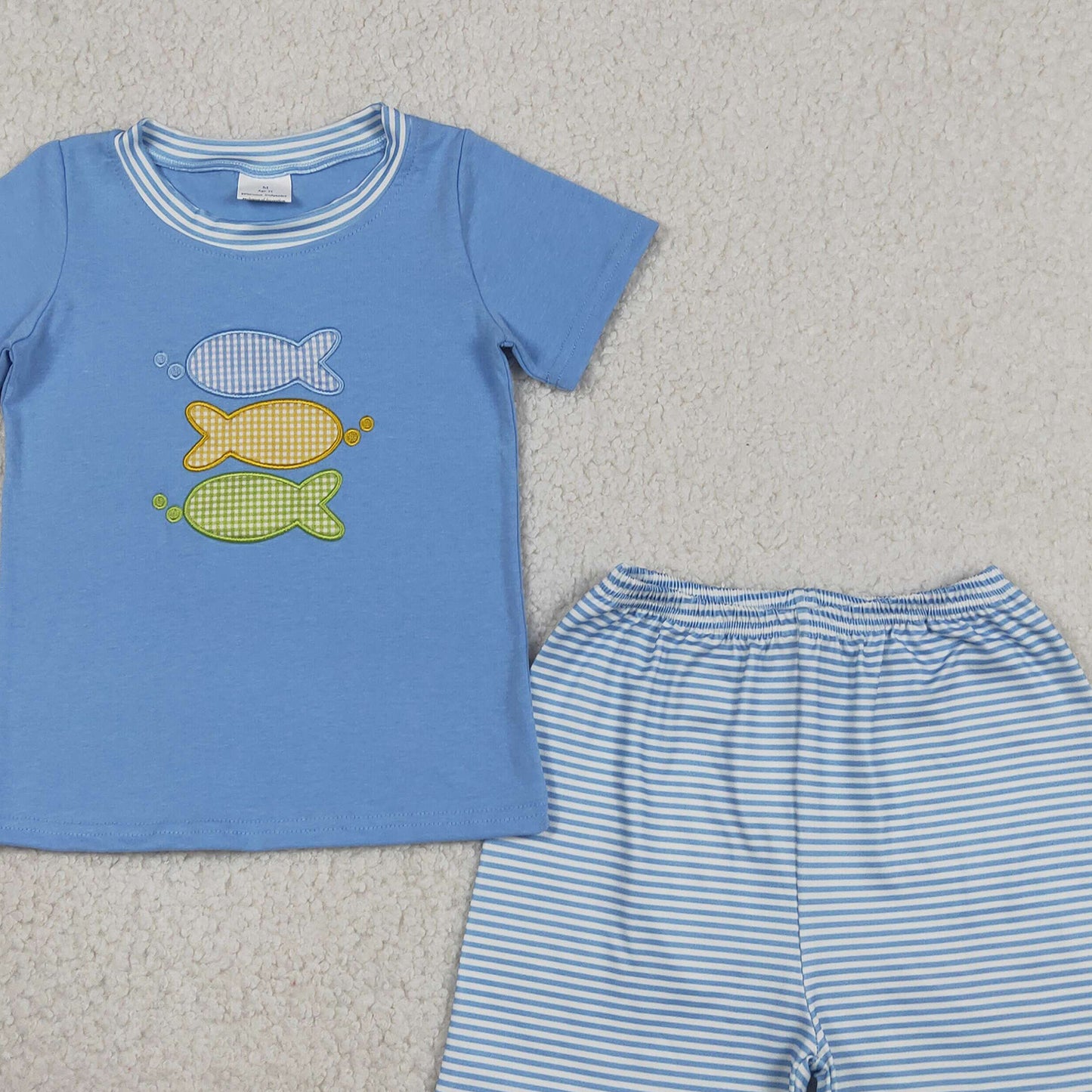 RTS NO MOQ BSSO1905 milk silk Baby Boys Cute Fish Embroidery Top Stripe Shorts Set