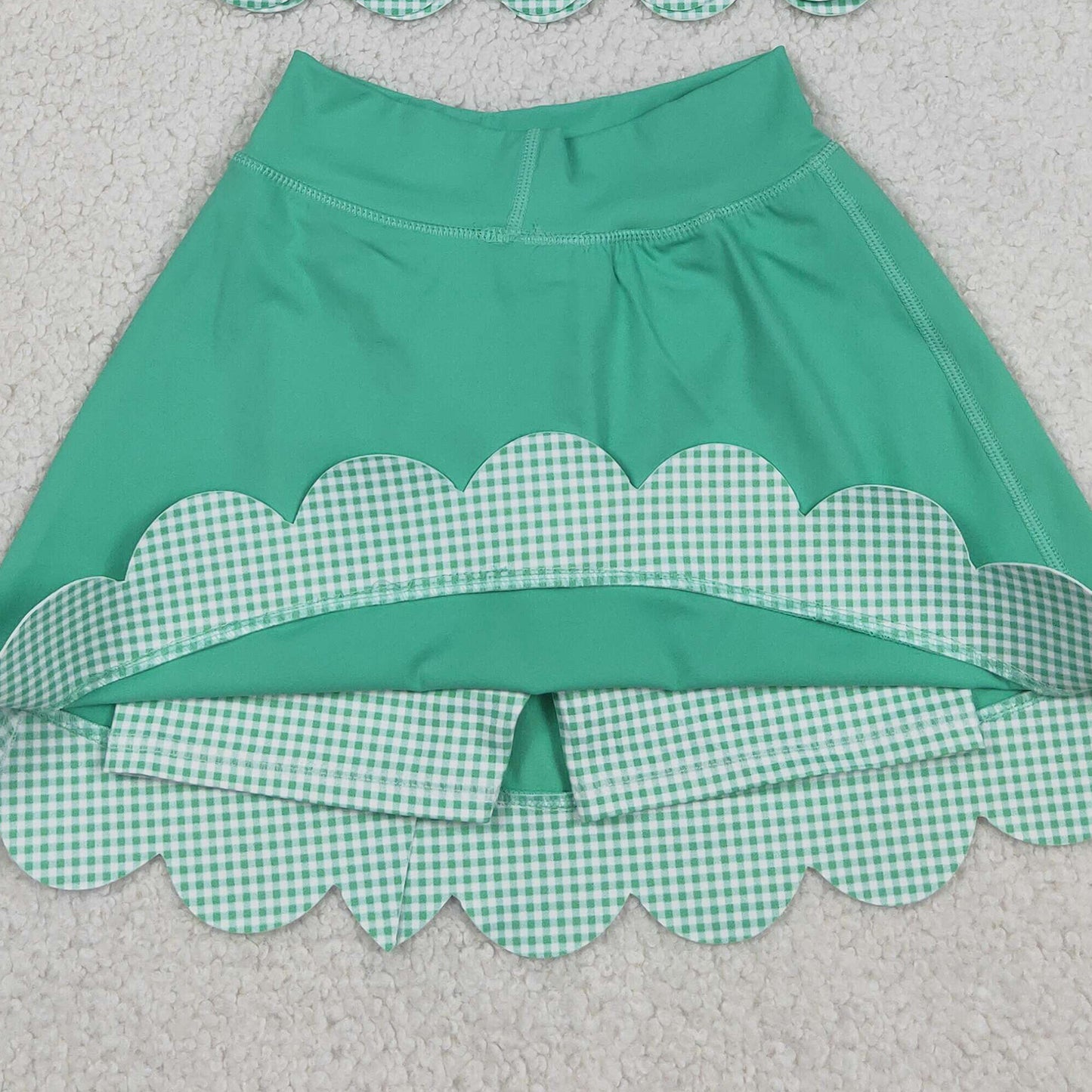 RTS NO MOQ yoga fabric GSD3320 Baby  Girls Green Vest Bows Scallop Yoga Active Two Piece Sets