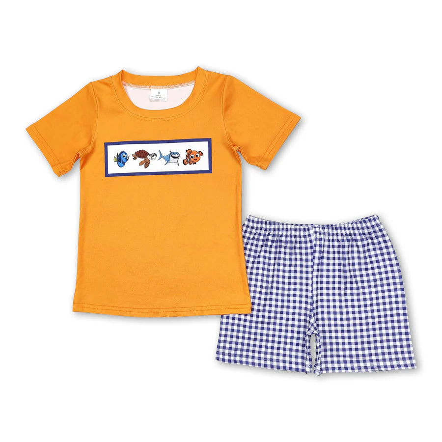 RTS NO MOQ Sibling Baby Boys Racing Cars Shirts Checkered Shorts Clothes Sets