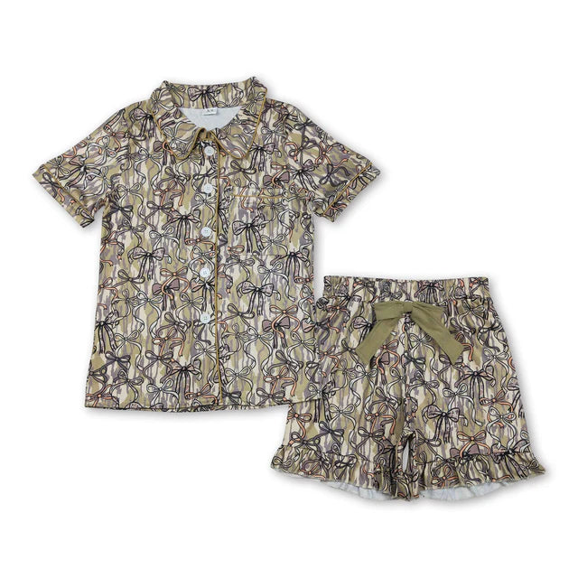 RTS NO MOQ Sibling Adult Women Camo Button Pocket Top Ruffle Shorts Pajamas Set