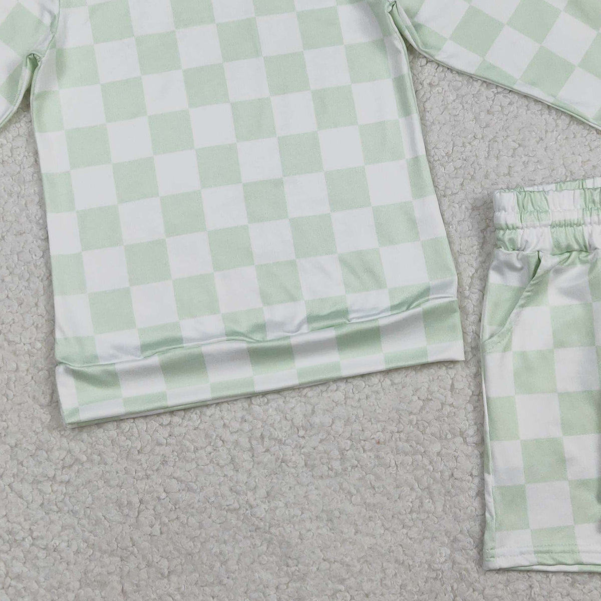 RTS NO MOQ GLS0086 Baby Girls Light Green Checked Long Sleeve Top with Pockets Shorts Outfit Set